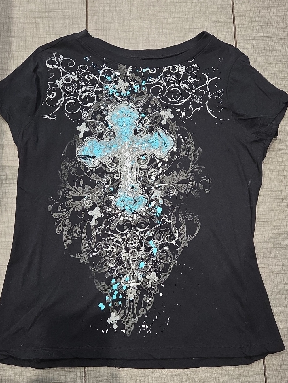 Ransom Black Short Sleeve Tee with Turquoise and Silver Cross Graphic 1X